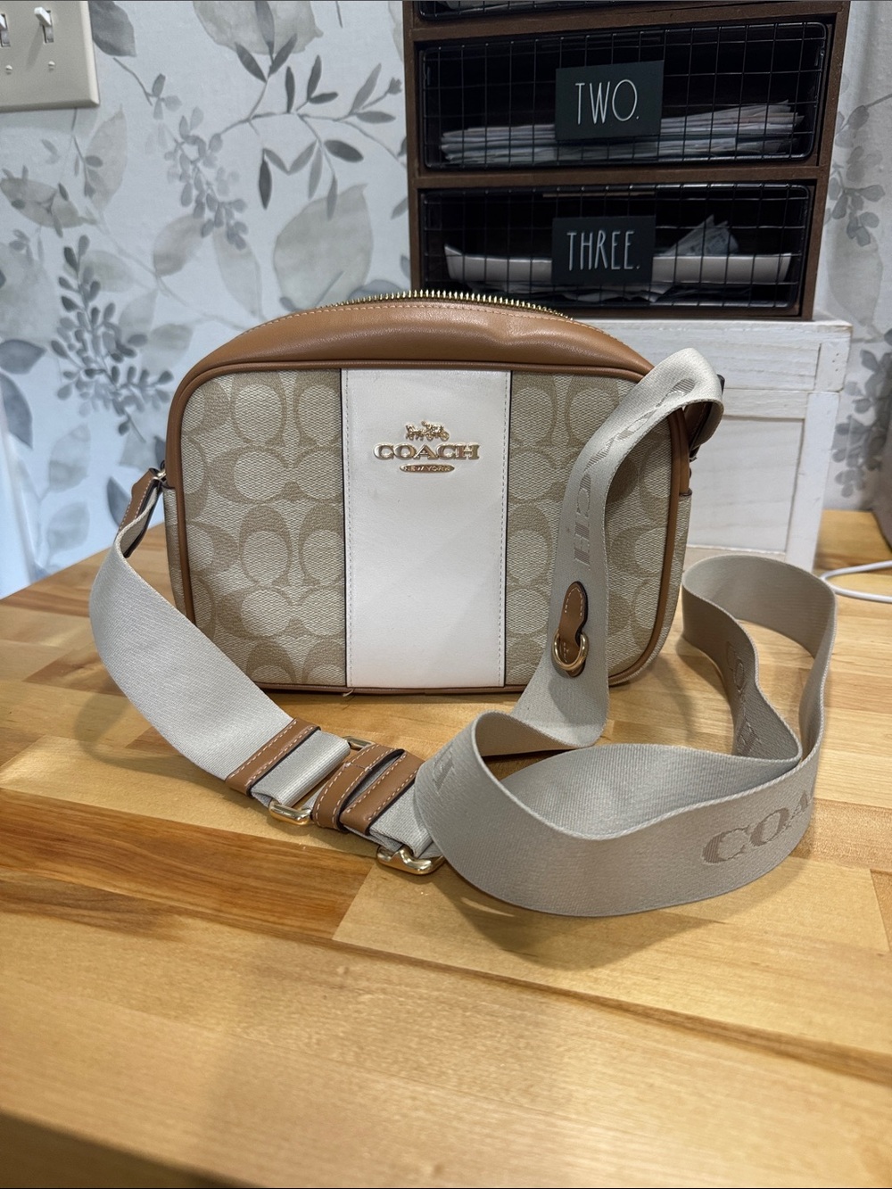Coach Beige and Cream Signature Canvas Crossbody Bag with Tan Trim